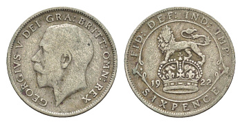 Великобритания 6 пенсов 1922 Георг V (1910-1936) KM 815a.1, Spink 4024 серебро 75-852