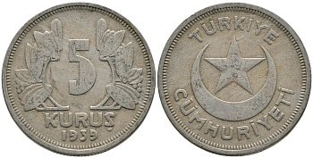 ТУРЦИЯ 5 КУРУШЕЙ 1939 KM 862 медно-никель 4541-247