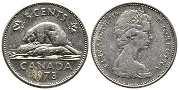 Канада 5 центов 1973 бобр, Елизавета II (1952-) KM 60.1 никель 93-115