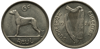 Ирландия 6 пенсов 1928 собака, ирландский волкодав KM 5 никель aUNC 1525-923