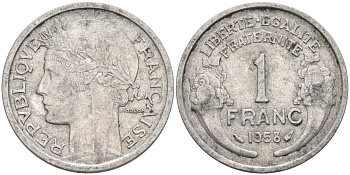 Франция 1 франк 1958 тип Lourde KM 885а, Le Franc 221.21 алюминий 4126-912