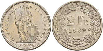 ШВЕЙЦАРИЯ 2 ФРАНКА 1969 В KM 21а.1 медно-никель 32-422