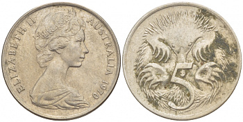 АВСТРАЛИЯ 5 ЦЕНТОВ 1970 ЕЛИЗАВЕТА II, МОЛОДОЙ ПОРТРЕТ, ЕХИДНА KM 64 медно-никель 4532-554