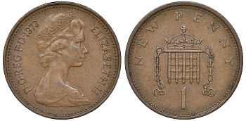 Великобритания 1 пенни 1973 Елизавета II (1952-2022) KM 915, Spink 4237 (B1) бронза 51-2335