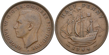 Великобритания 1/2 пенни 1944 Георг VI (1936-1952) KM 844, Spink 4115 бронза 190-754