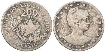 Бразилия 200 реалов 1901 MCMI, голова свободы вправо KM 504 медно-никель 4612-214