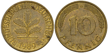 ФРГ 10 пфеннигов 1989 G KM 108, J. 383 сталь плакированная латунью 4603-1137