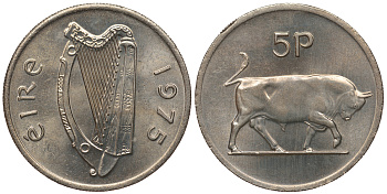 ИРЛАНДИЯ 5 ПЕНСОВ 1975 БЫК KM 22 медно-никель UNC 51-336