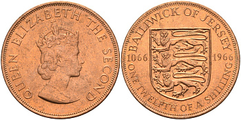 Джерси 1/12 шиллинга 1966 900 лет Нормандскому завоеванию KM 26 бронза UNC 4367-343