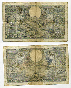 БЕЛЬГИЯ 100 ФРАНКОВ = 20 БЕЛЬГАС 1941 Pick 107 бумага 6289-50-1-1
