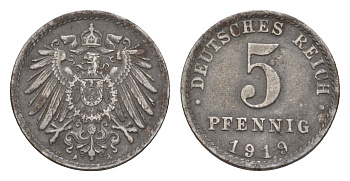 Германия 5 пфеннигов 1919 A KM 19, J. 297 железо плакированная цинков 4659-149