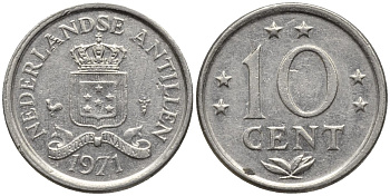 Нидерландские Антилы 10 центов 1971 Юлиана (1948-1980) KM 10 никель 192-761