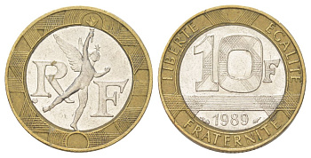 Франция 10 франков 1989 тип гений Бастилии KM 964.1, Le Franc 375.3 биметалл 4624-417