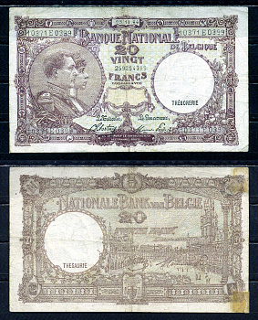 Бельгия 20 франков 1944 25.11.1944, Король Альберт I и его жена Королева Елизавета, Гран-Плас / Гроте Маркт, Брюссель Pick 111 (3) бумага 6301-9-1-2