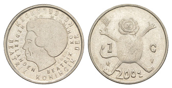 Нидерланды 1 гульден 2001 прощай гульден, детский рисунок, лев с флагом в руках KM 233 никель aUNC 4629-543