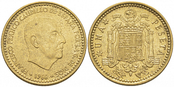 ИСПАНИЯ 1 ПЕСЕТА 1966 (70) ФРАНСИСКО ФРАНКО ДИКТАТОР ИСПАНИИ (1939-1975) КМ 796 алюминиевая бронза 87-1446