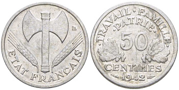 ФРАНЦИЯ 50 САНТИМОВ 1942 ТИП FRANCISQUE, LOURDE, ПРАВИТЕЛЬСТВО ВИШИ KM 914.1, LE FRANC 195.2 алюминий 201-861