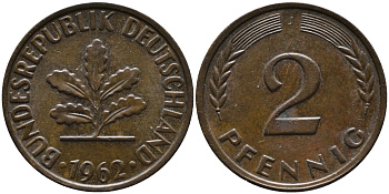 ФРГ 2 пфеннига 1962 J KM 106, J. 381 бронза 99-125