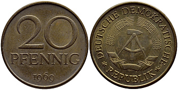 ГДР 20 пфеннигов 1969 А, первый год KM 11 латунь UNC 4398-1122