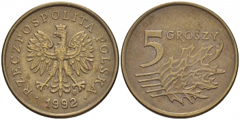 Польша 5 грошей 1992 MW KM 278 латунь 214-758