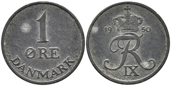 ДАНИЯ 1 ЭРЕ 1950 N; S, ФРЕДЕРИК IX (1947-1972) KM 839.1 цинк 100-664