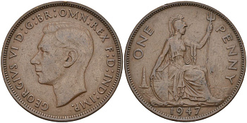 Великобритания 1 пенни 1947 Георг VI (1936-1952) KM 845, Spink 4114 бронза 4149-812