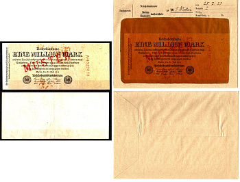 Германия 1000000 марок 1923 острые буквы, 25 июля, MUSTER, образец, Specimen. В оригинальном банковском конверте. Из коллекции Отто Сейфферта (помощник Ялмара Шахта - министра экономики Германии и президента Рейхсбанка времен третьего рейха) Pick 94 s, Gr