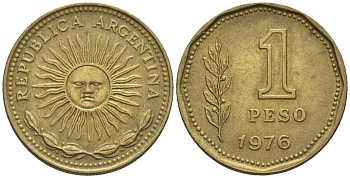 Аргентина 1 песо 1976 майское солнце KM 69, CJ 326, Schon 69 алюминиевая бронза    60-1054