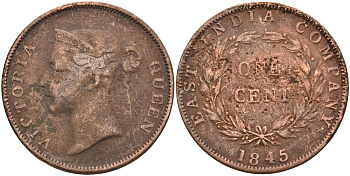 Стрейтс-Сетлментс 1 цент 1845 Виктория (1837-1901), Ост-Индская компания KM 3 медь 4590-145