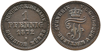 Мекленбург-Шверин 1 пфенниг 1872 В, Фридрих Франц II (1842-1883) KM 315 (С102), AKS 50, J.60 медь 100-637