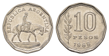 Аргентина 10 песо 1968 Гаучо KM 60 сталь плакированная никелем 4656-1143