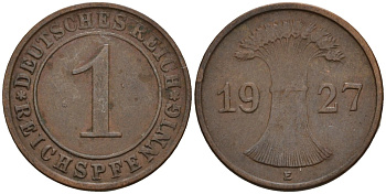 Германия 1 рейхспфенниг 1927 E KM 37, J. 313 бронза 4124-1249