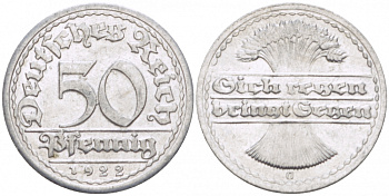 ГЕРМАНИЯ 50 ПФЕННИГОВ 1922 G KM 27, J. 301, Weege 10 алюминий 77-625