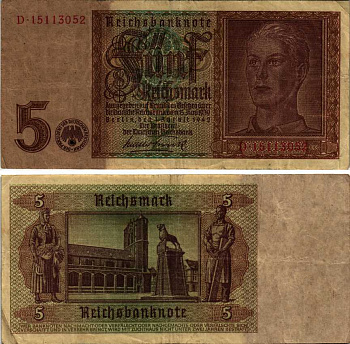 ГЕРМАНИЯ 5 РЕЙХСМАРОК 1942 1 АВГУСТА 1942, ВТОРАЯ МИРОВАЯ ВОЙНА Pick 186а бумага 6299-48-2-2