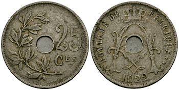 Бельгия 25 сантимов 1922 Belgique KM 68 медно-никель 4165-433