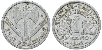 Франция 1 франк 1942 LB, тип Lourde, правительство Виши KM 902.1, Le Franc 222.2 алюминий 51-2425