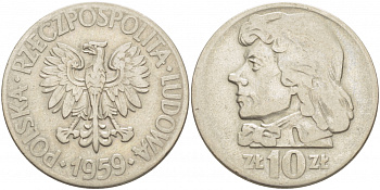 Польша 10 злотых 1959 MW, Тадеуш Костюшко, первый год KM 50 медно-никель 4517-811