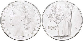 ИТАЛИЯ 100 ЛИР 1976 R, АФИНА KM 96.1 нержавеющая сталь 4526-331