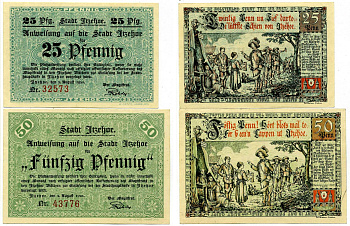 Итцехо лот из 2 банкнот 1920 2 августа 1920 нотгельд (25 И 50 пфеннигов), земля Шлезвиг-Гольштейн Grabowski 649.2а бумага 2195-11-1-1