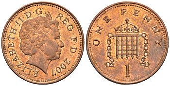 Великобритания 1 пенни 2007 Елизавета II (1952-2022) KM 986, Spink 4710 (B5) сталь плакированная медью 4609-635