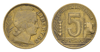Аргентина 5 сентаво 1942 самый редкий год тиража - 2.130.000 KM 40 алюминиевая бронза 4651-965