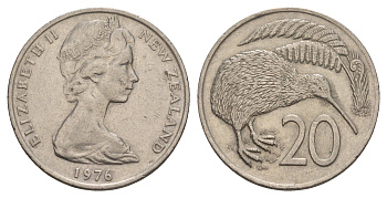 Новая Зеландия 20 центов 1976 Елизавета II (1952-2022), птичка киви KM 36.1 медно-никель 4653-441