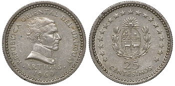 Уругвай 25 сентесимо 1960 KM 40 медно-никель 4169-932