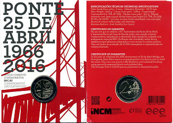 Португалия 2 евро 2016 50 лет мосту имени 25 апреля, запайка, картонный буклет KM 866 биметалл BUNC 3-4-8-34