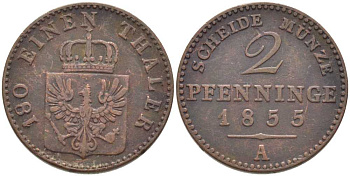 Пруссия 2 пфеннига 1855 А, Фридрих Вильгельм IV (1840-1861) KM 452, Jaeger 51, Olding 336, AKS 91 медь 201-565