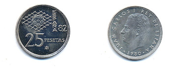 Испания 25 песет 1980 (81) чемпионат мира по футболу в Испании 1982 года, Хуан Карлос I (1975-) KM 818 медно-никель UNC 54-1947