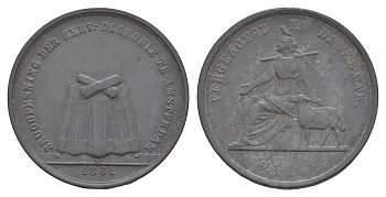 Нидерланды, Амстердам хлебный жетон (на покупку еды) с двумя буханками 1861 Женщина с протянутой рукой в ??компании овцы, стол с 3 буханками, диаметр 28 мм Kooij BR003.1 цинк 4654-914