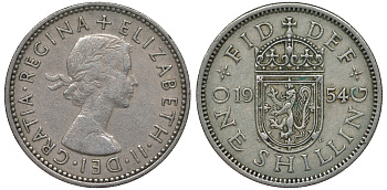 Великобритания 1 шиллинг 1954 Елизавета II (1952-2022), Шотландский герб KM 905, Spink 4148 медно-никель 4122-1014