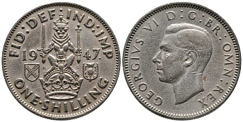 Великобритания 1 шиллинг 1947 Георг VI (1936-1952), Шотландский герб KM 864, Spink 4104 медно-никель 1518-522