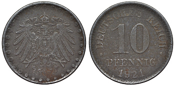 Германия 10 пфеннигов 1921 A KM 20, J. 298 железо 4119-233